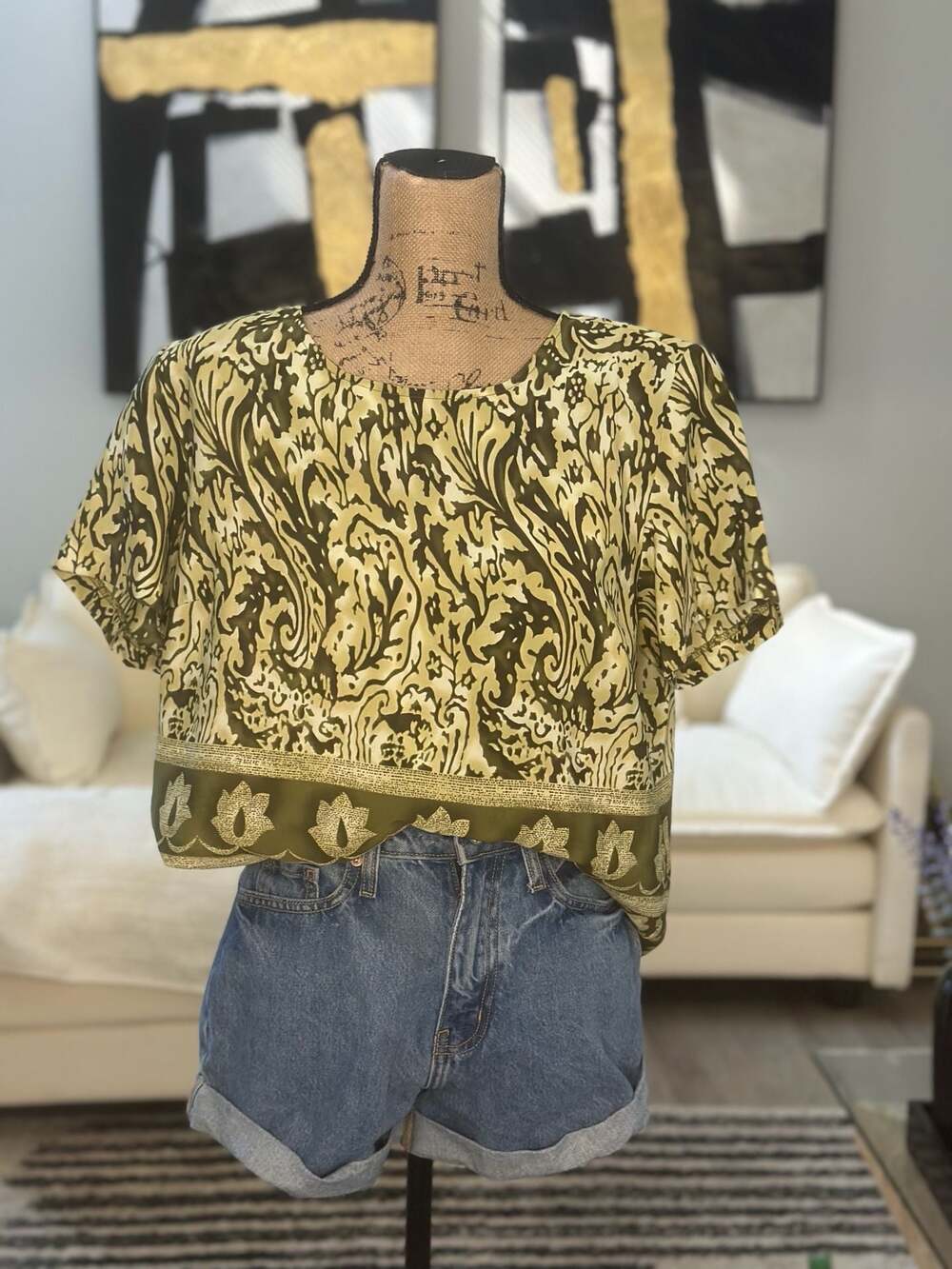 220 History Olive Green Floral Print Short Sleeve Blouse Size L